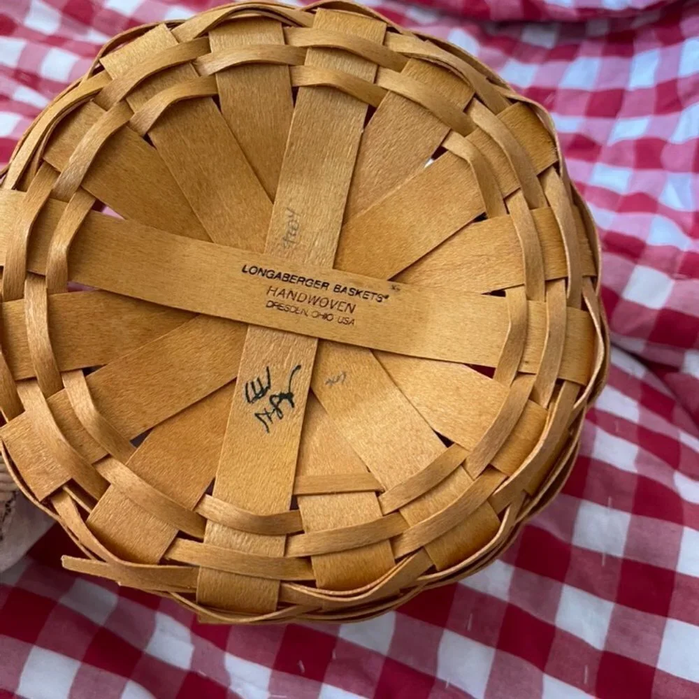 VTG Longaberger 1999 Button Basket Leather Straps W/ Protector & Fruit Liner Set